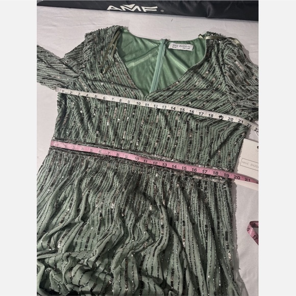 NEW $598 Mac Duggal [ 16 ] Sequined Illusion Long Sleeve A-line Gown‎ Sage Green - Picture 6 of 14